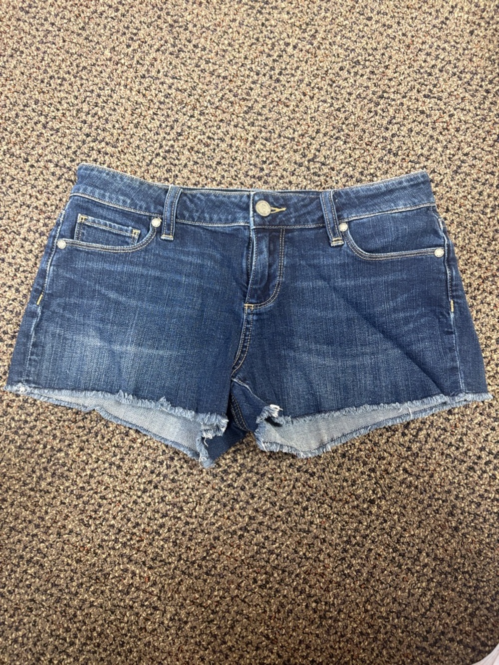 PAIGE Dark Blue Frayed Hem Denim Shorts